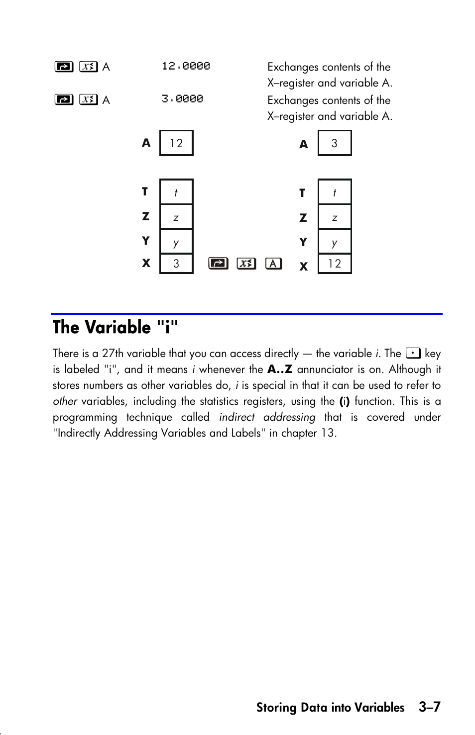 The variable "i, 3–7 | z | HP 33s User Manual | Page 63 / 387