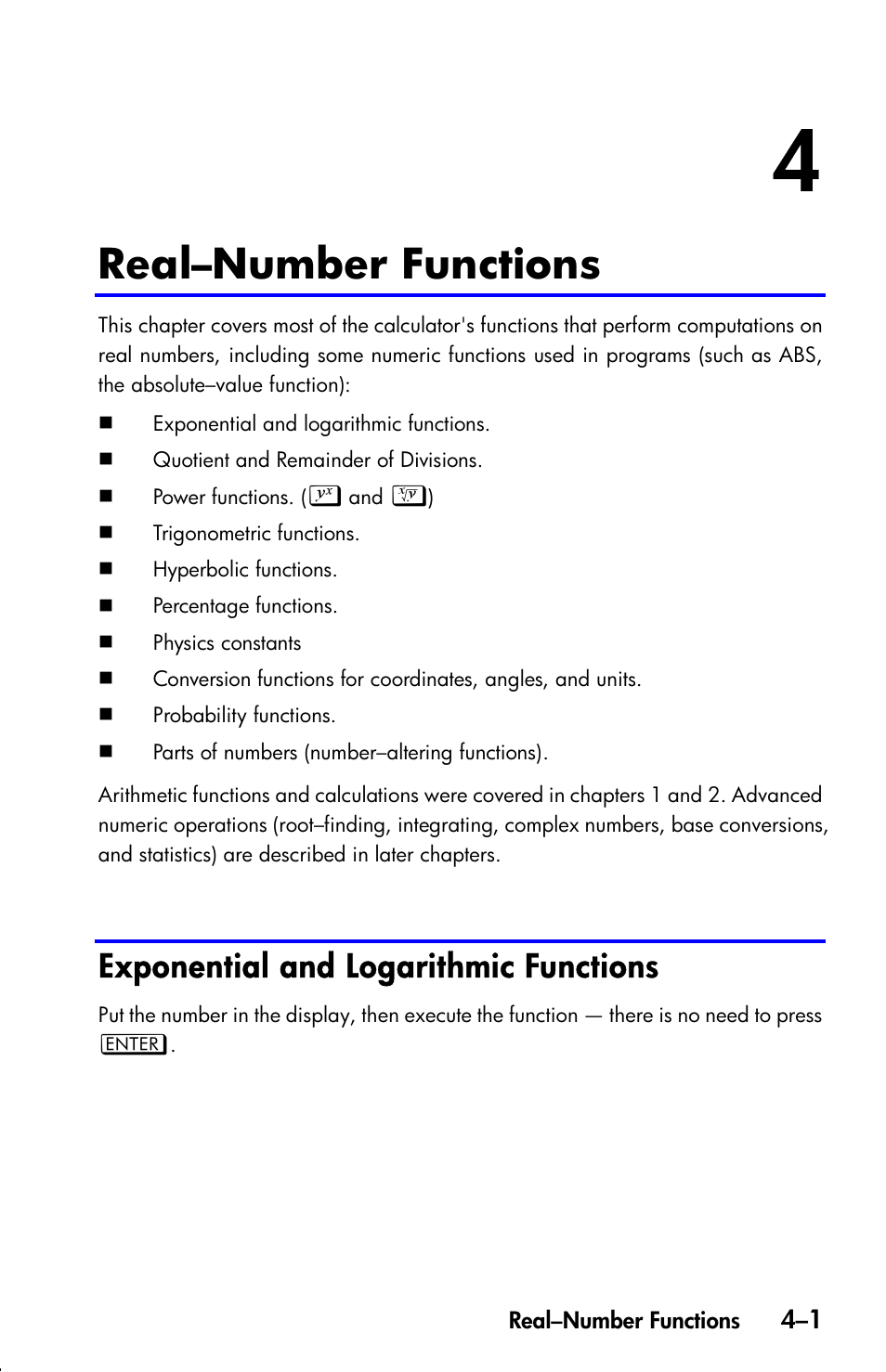 Real–number functions, Exponential and logarithmic functions | HP 33s User Manual | Page 65 / 387