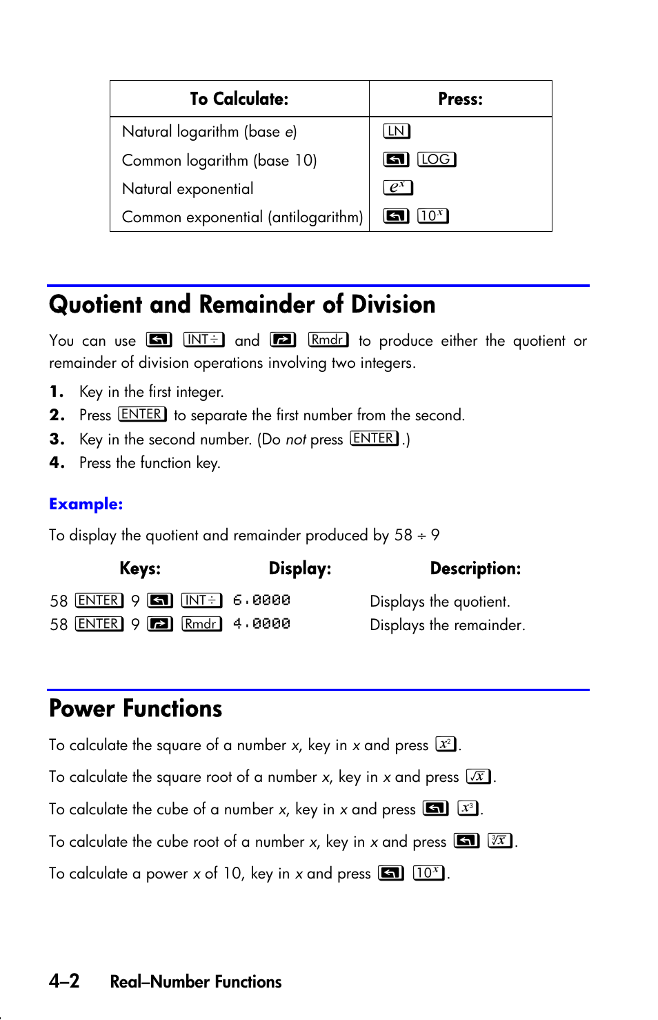 Quotient and remainder of division, Power functions | HP 33s User Manual | Page 66 / 387