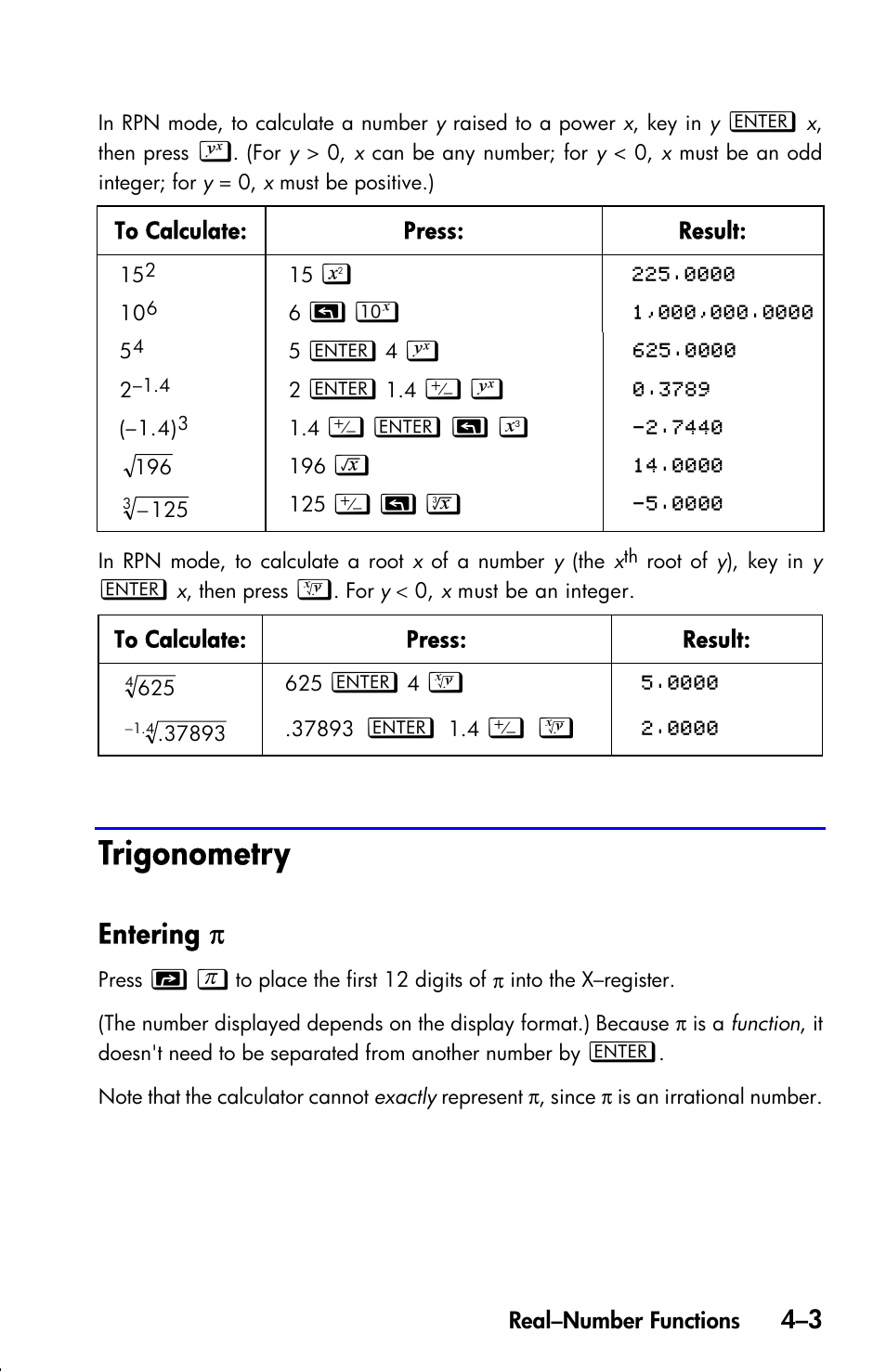 Trigonometry, Entering, Entering π | HP 33s User Manual | Page 67 / 387