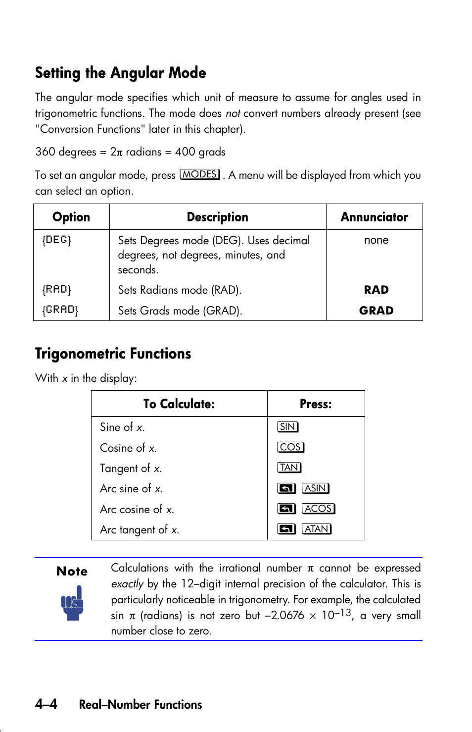 Setting the angular mode, Trigonometric functions | HP 33s User Manual | Page 68 / 387