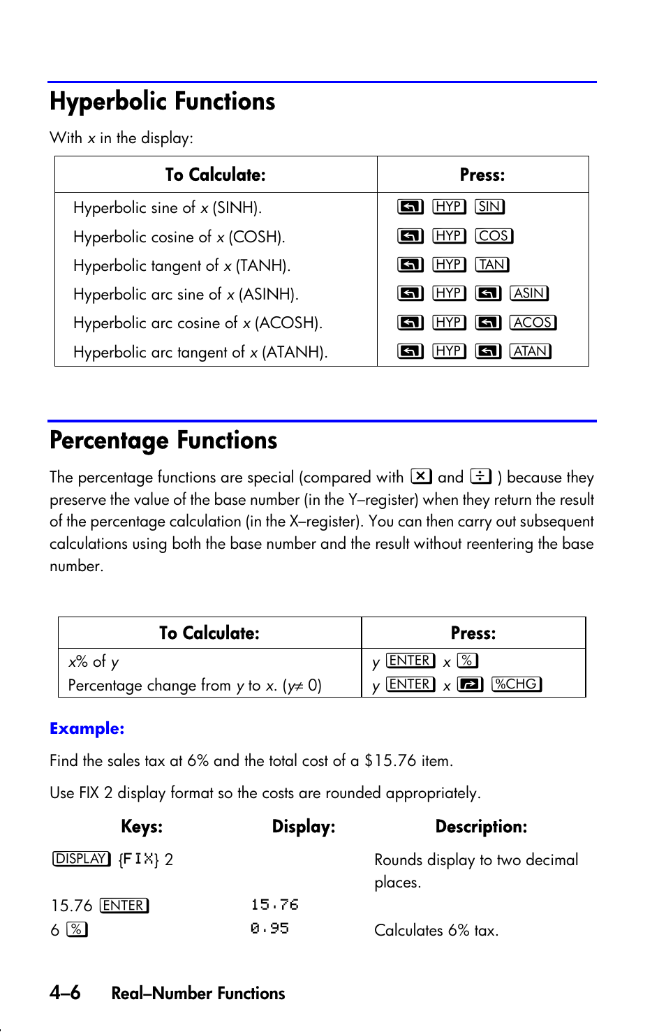 Hyperbolic functions, Percentage functions | HP 33s User Manual | Page 70 / 387