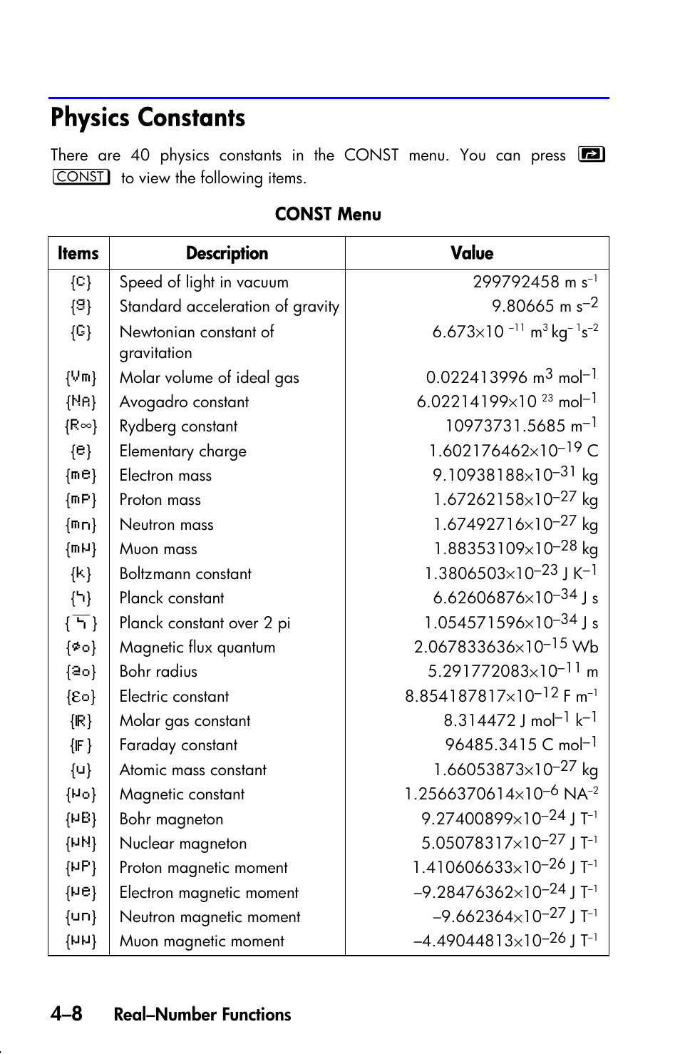 Physics constants | HP 33s User Manual | Page 72 / 387