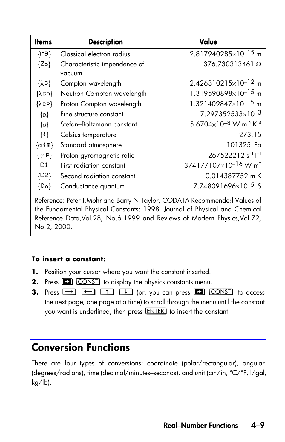 Conversion functions | HP 33s User Manual | Page 73 / 387