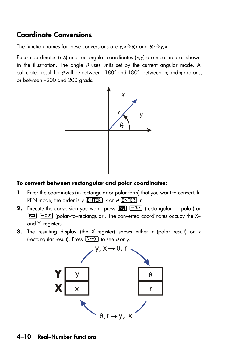 Coordinate conversions, Xy r, R y, x y, x , r | HP 33s User Manual | Page 74 / 387