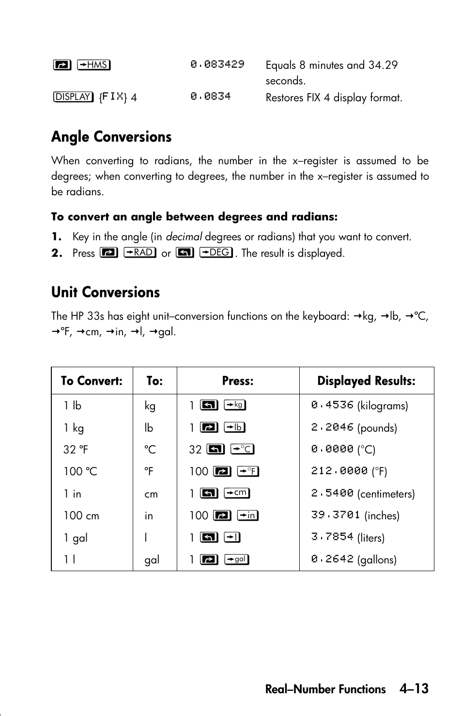 Angle conversions, Unit conversions, 4–13 | u | HP 33s User Manual | Page 77 / 387