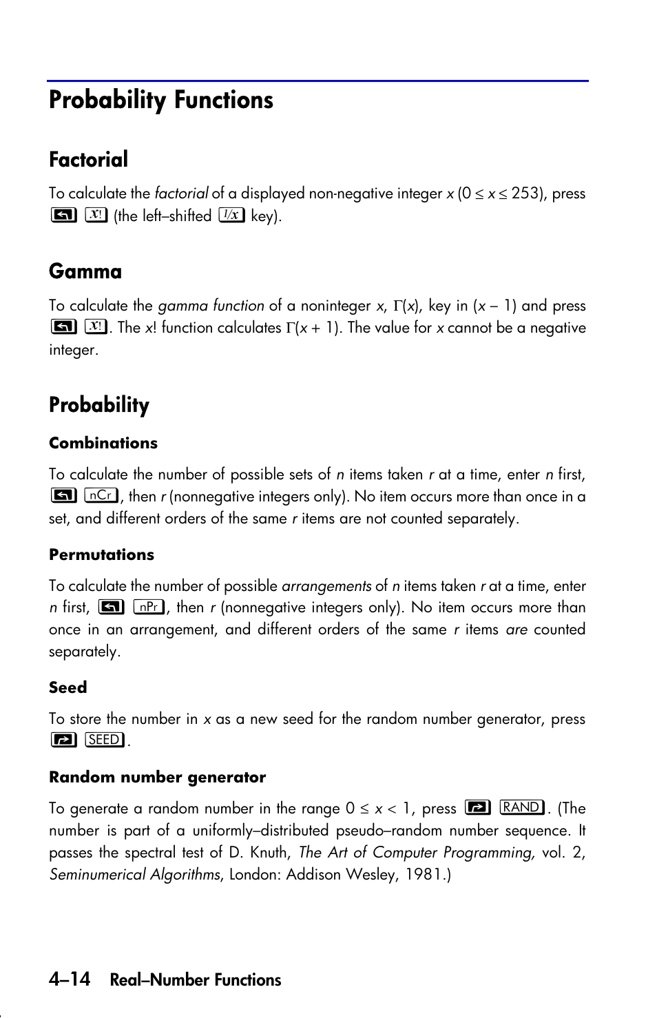 Probability functions, Factorial, Gamma | Probability | HP 33s User Manual | Page 78 / 387