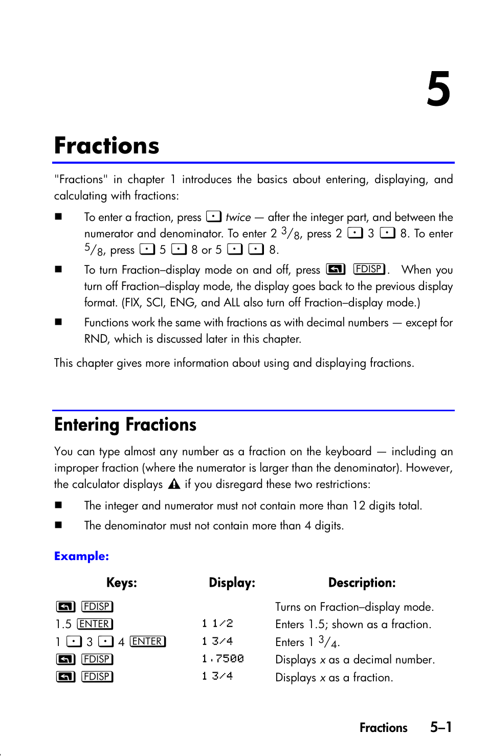 Fractions, Entering fractions | HP 33s User Manual | Page 83 / 387