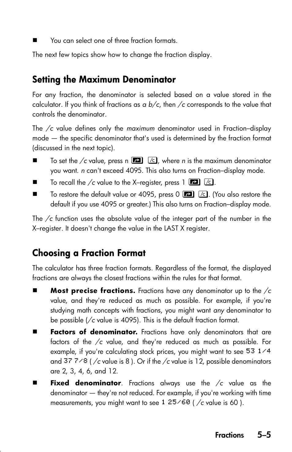 Setting the maximum denominator, Choosing a fraction format | HP 33s User Manual | Page 87 / 387