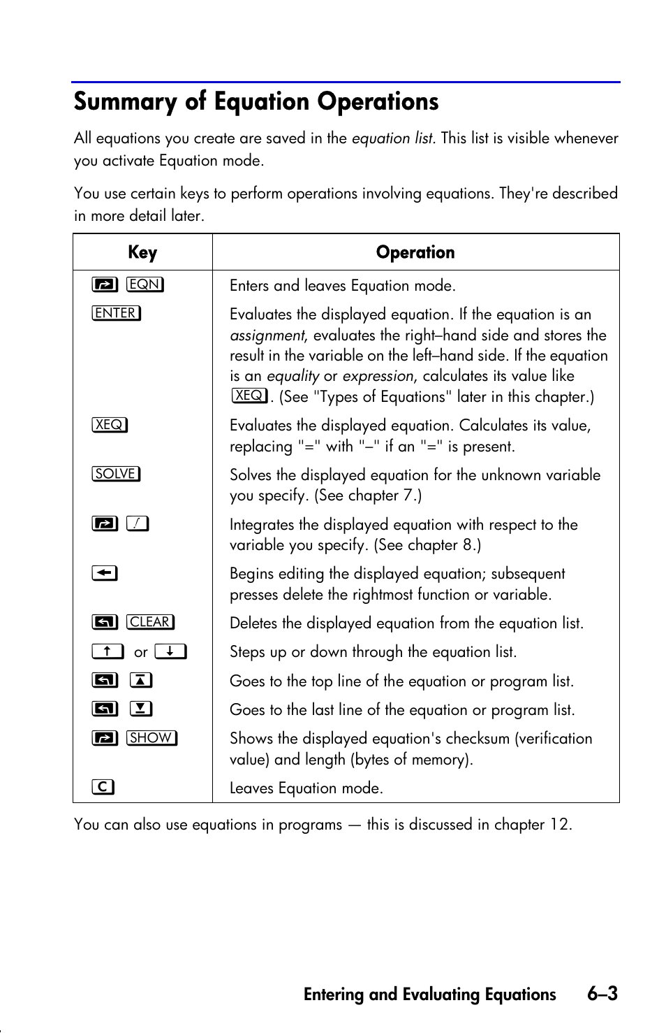 Summary of equation operations | HP 33s User Manual | Page 95 / 387