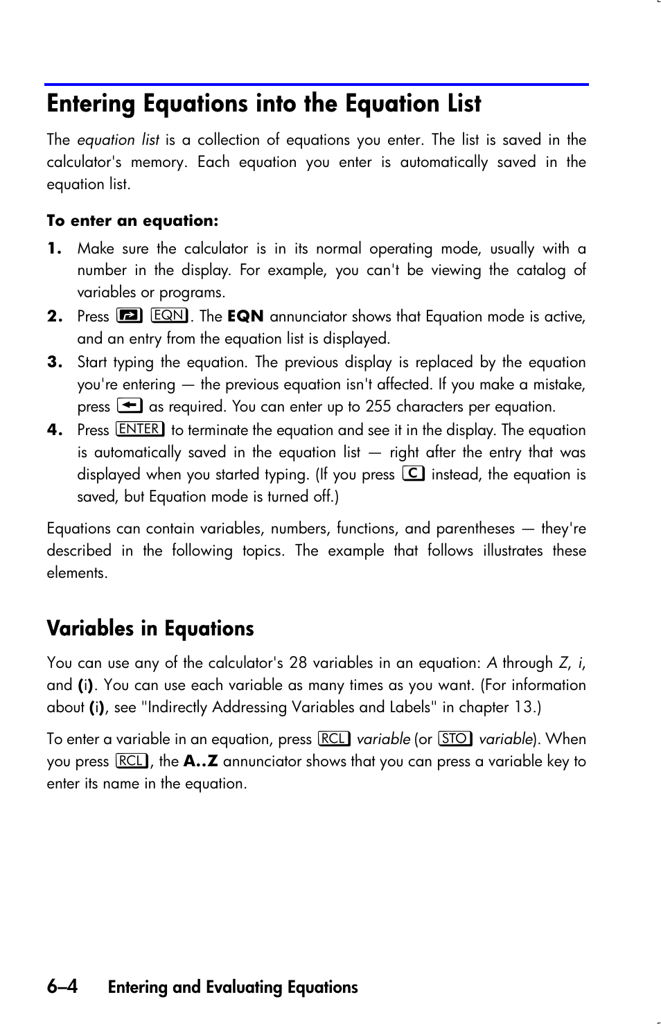 Entering equations into the equation list, Variables in equations | HP 33s User Manual | Page 96 / 387