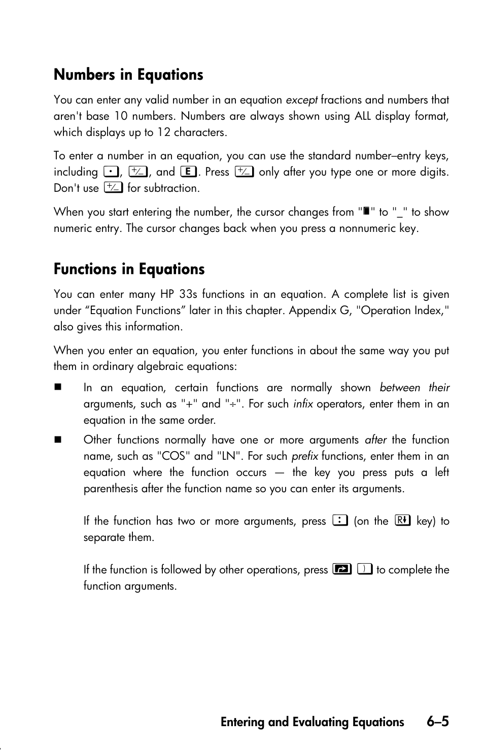 Numbers in equations, Functions in equations | HP 33s User Manual | Page 97 / 387