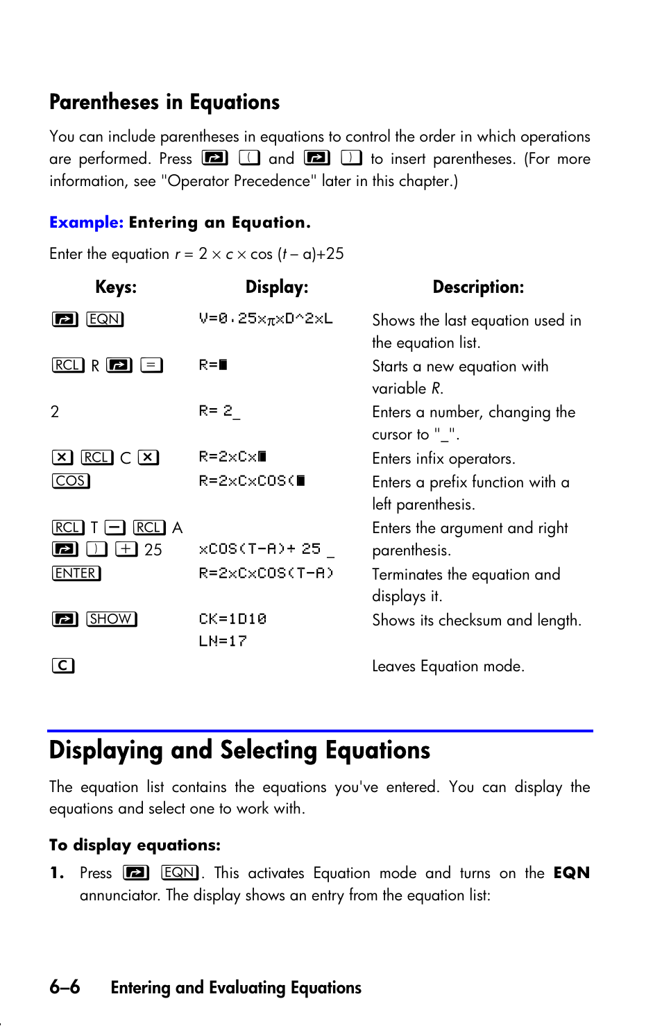 Parentheses in equations, Displaying and selecting equations | HP 33s User Manual | Page 98 / 387