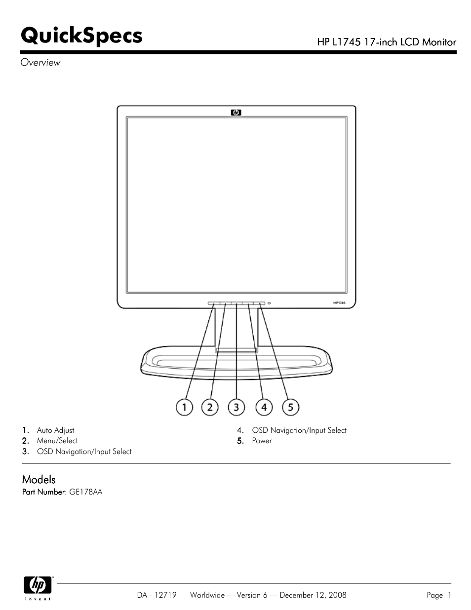 HP 17 INch LCD Monitor L1745 User Manual | 7 pages