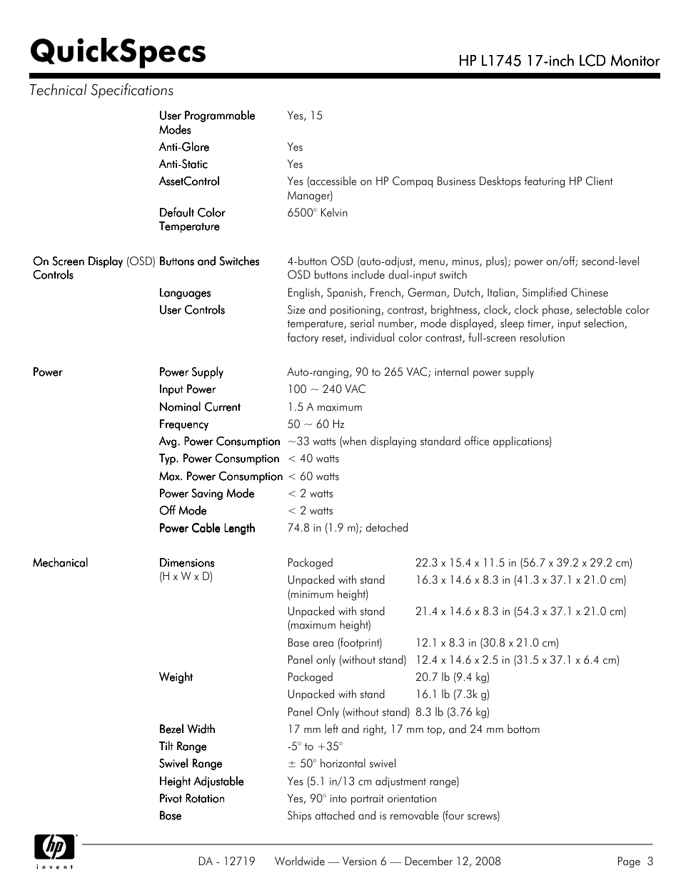 Quickspecs | HP 17 INch LCD Monitor L1745 User Manual | Page 3 / 7