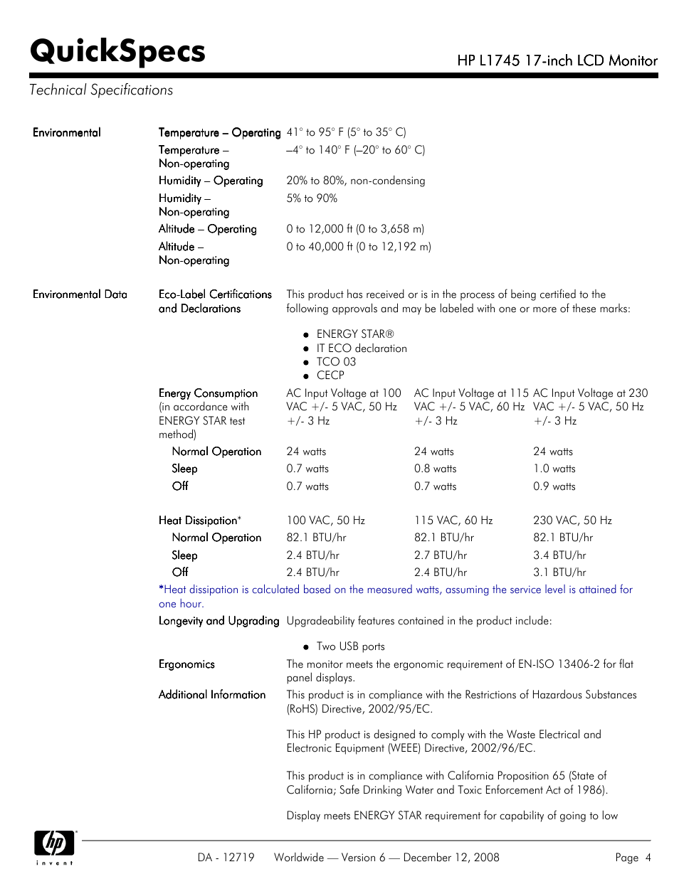 Quickspecs | HP 17 INch LCD Monitor L1745 User Manual | Page 4 / 7