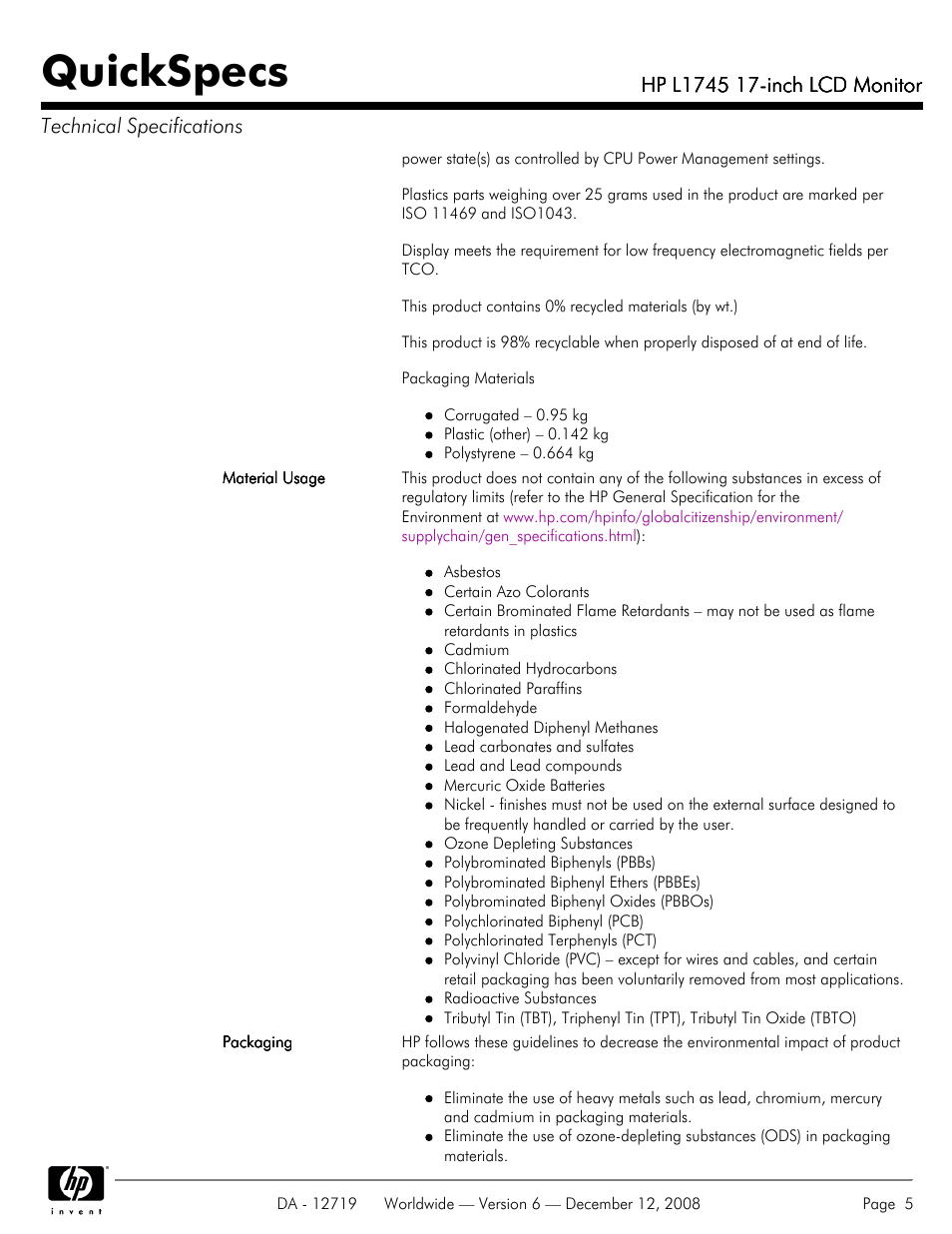 Quickspecs | HP 17 INch LCD Monitor L1745 User Manual | Page 5 / 7