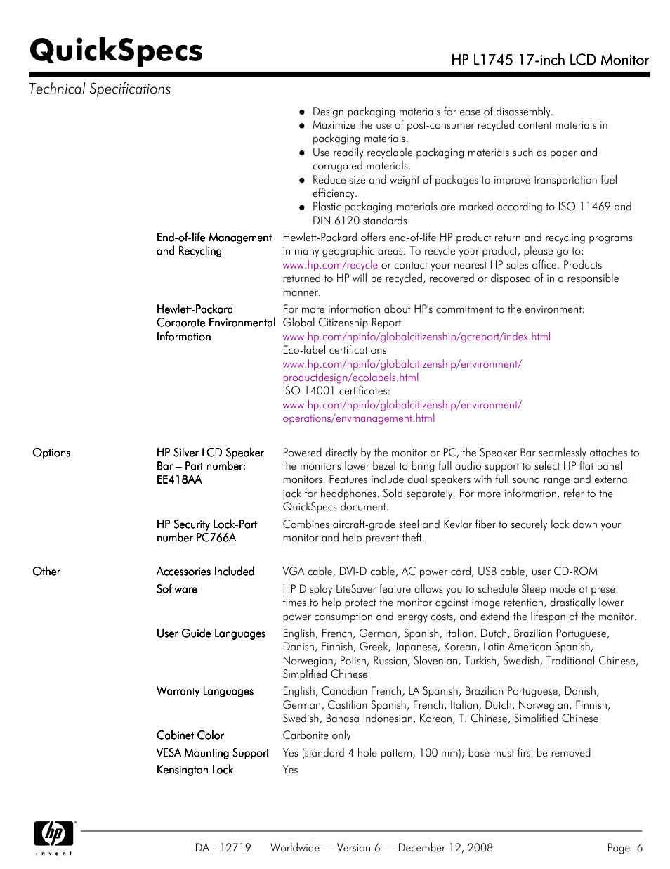 Quickspecs | HP 17 INch LCD Monitor L1745 User Manual | Page 6 / 7