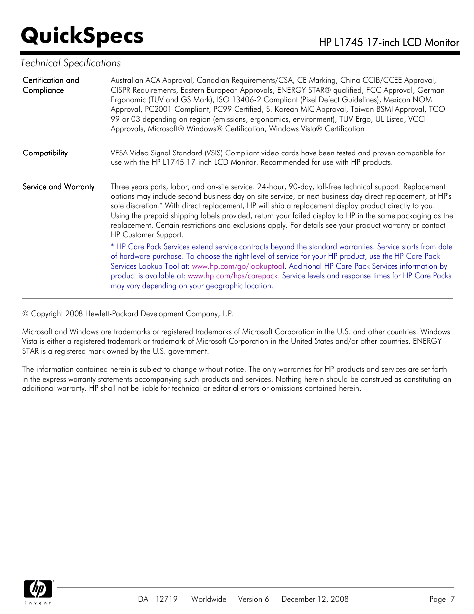 Quickspecs | HP 17 INch LCD Monitor L1745 User Manual | Page 7 / 7