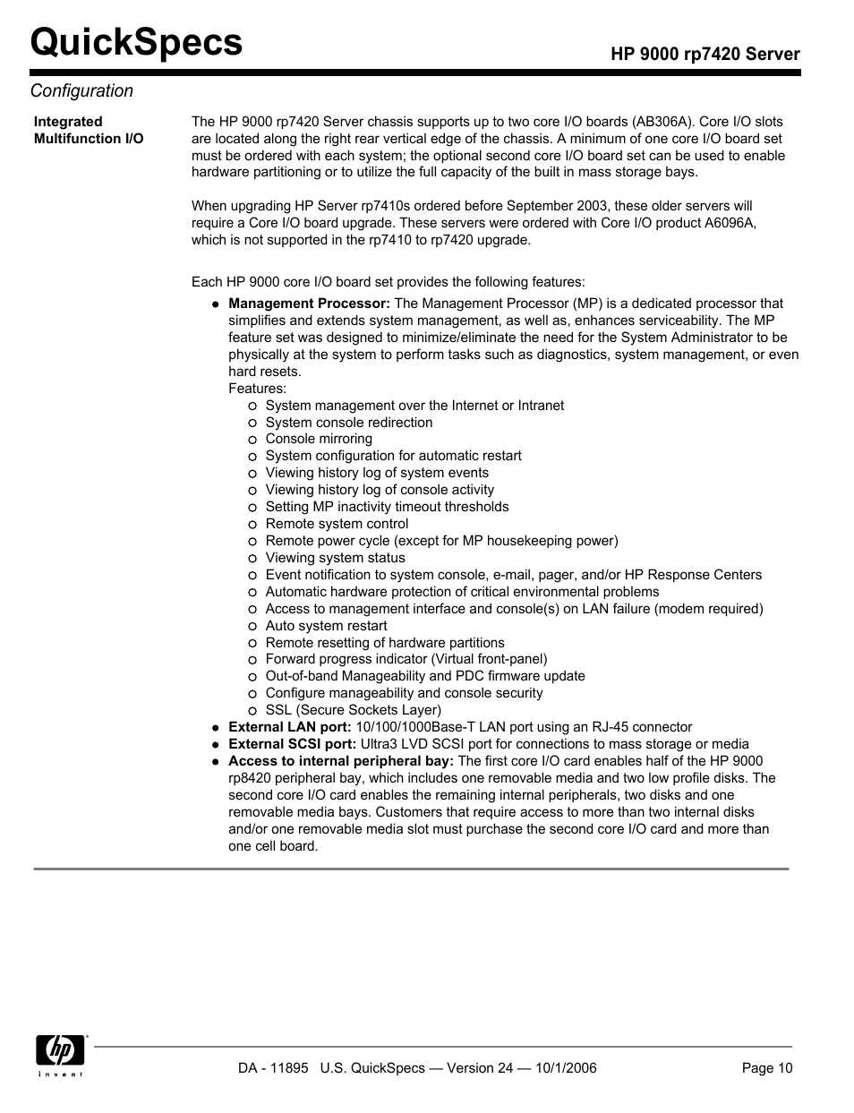 Quickspecs | HP 9000 Server rp7420 User Manual | Page 10 / 22