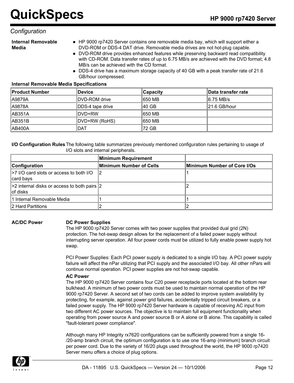 Quickspecs | HP 9000 Server rp7420 User Manual | Page 12 / 22