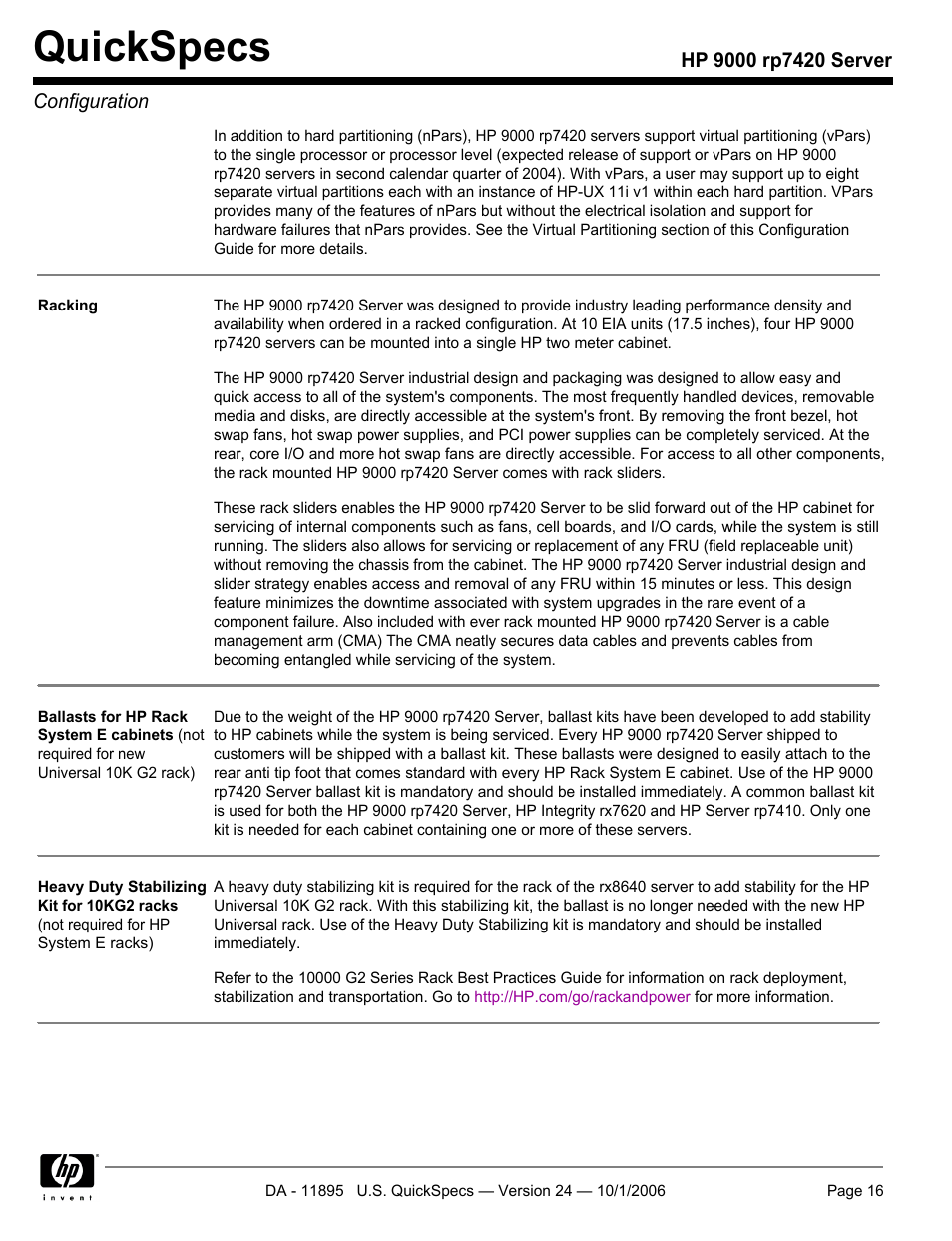 Quickspecs | HP 9000 Server rp7420 User Manual | Page 16 / 22