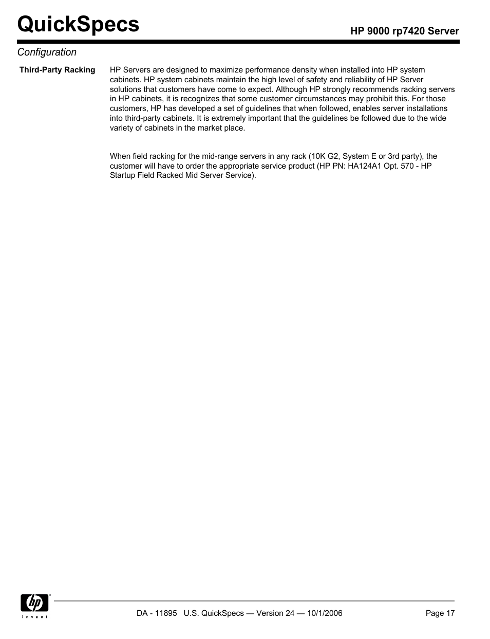 Quickspecs | HP 9000 Server rp7420 User Manual | Page 17 / 22