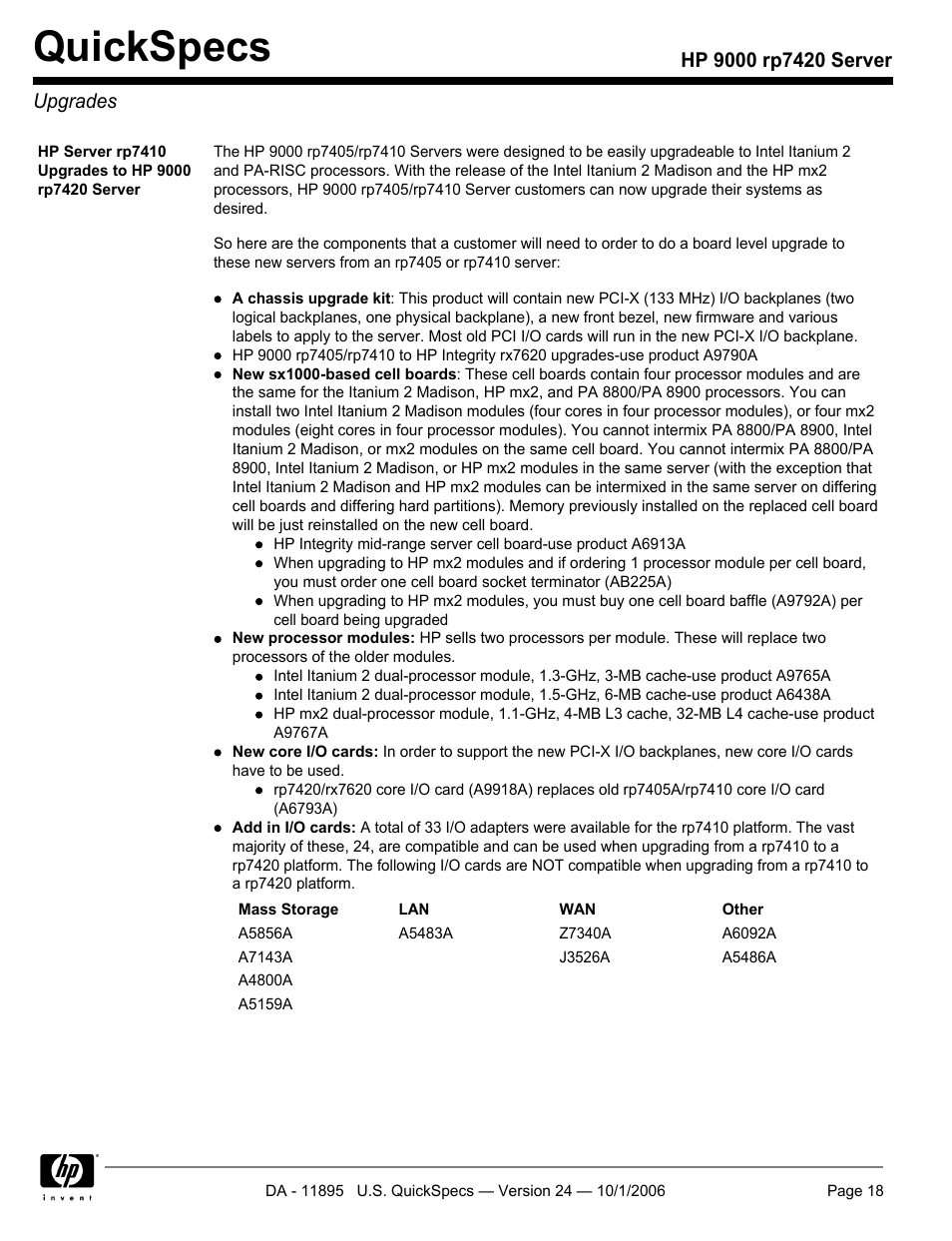 Upgrades, Quickspecs | HP 9000 Server rp7420 User Manual | Page 18 / 22