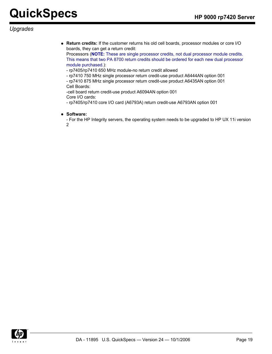 Quickspecs | HP 9000 Server rp7420 User Manual | Page 19 / 22