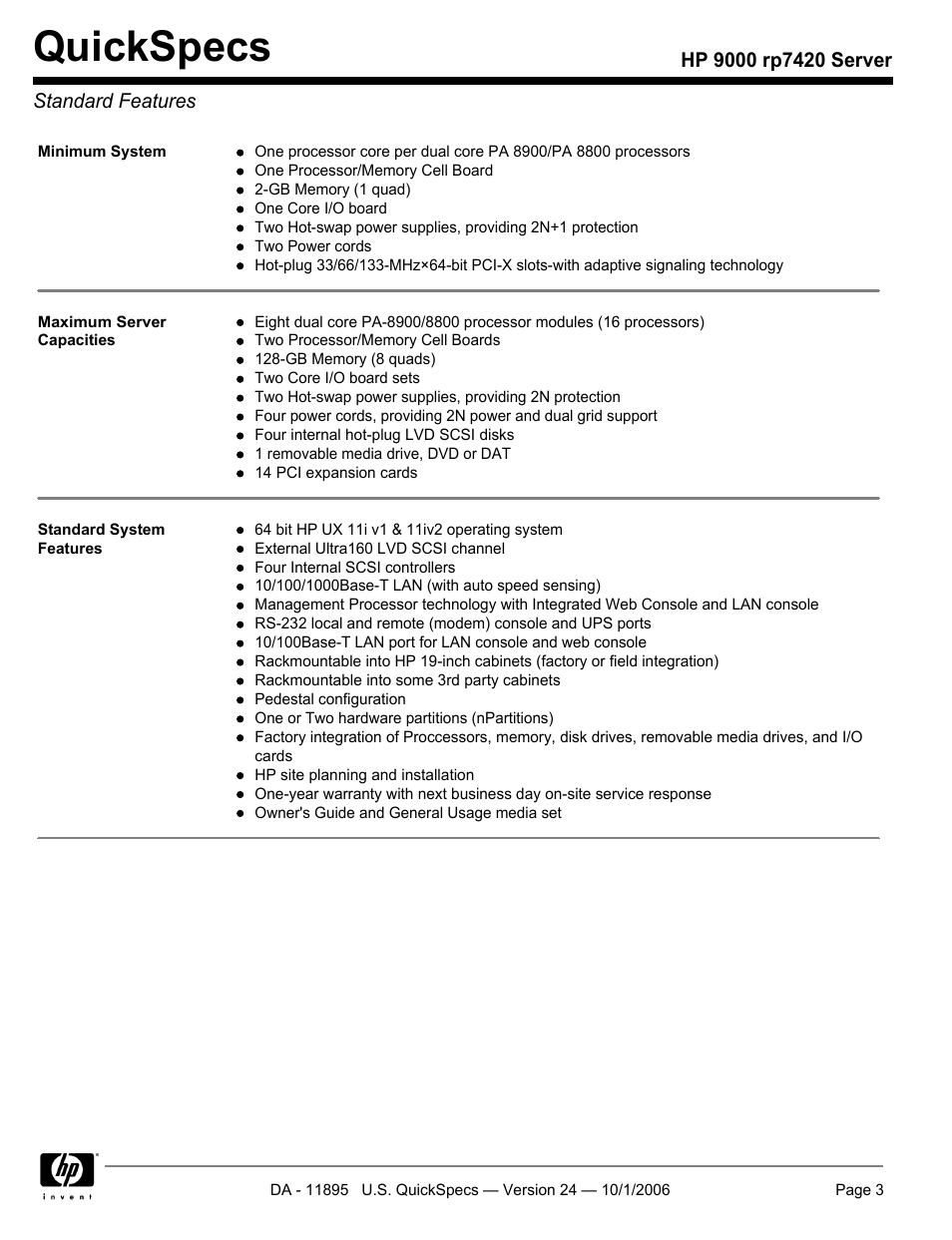 Standard features, Quickspecs | HP 9000 Server rp7420 User Manual | Page 3 / 22