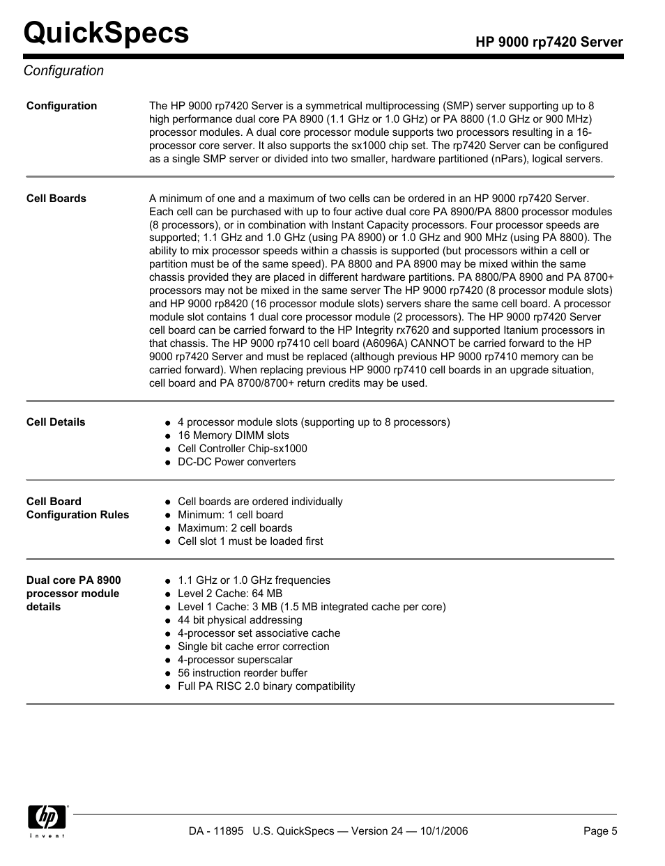 Configuration, Quickspecs | HP 9000 Server rp7420 User Manual | Page 5 / 22