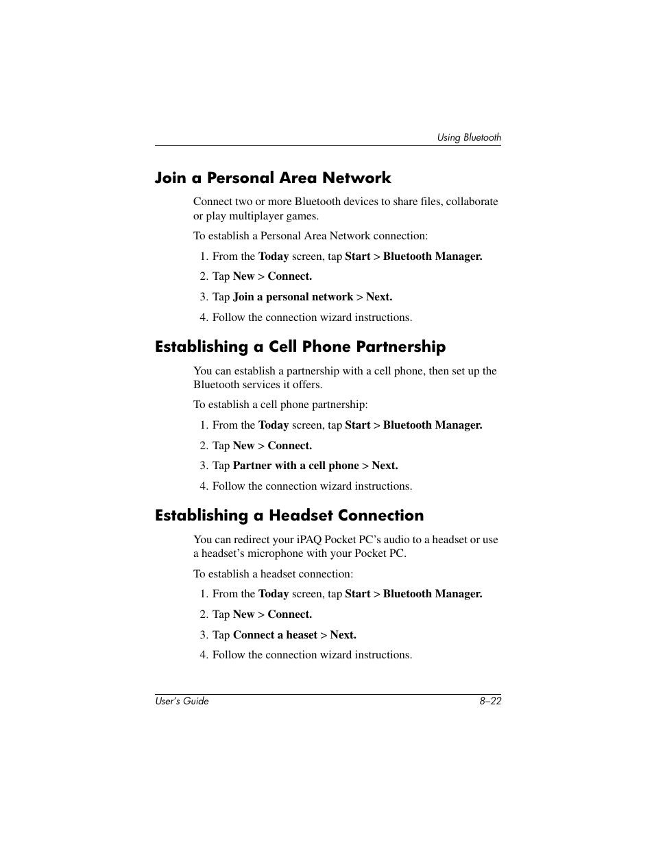 Join a personal area network, Establishing a cell phone partnership, Establishing a headset connection | HP IPAQ H5500 User Manual | Page 102 / 169