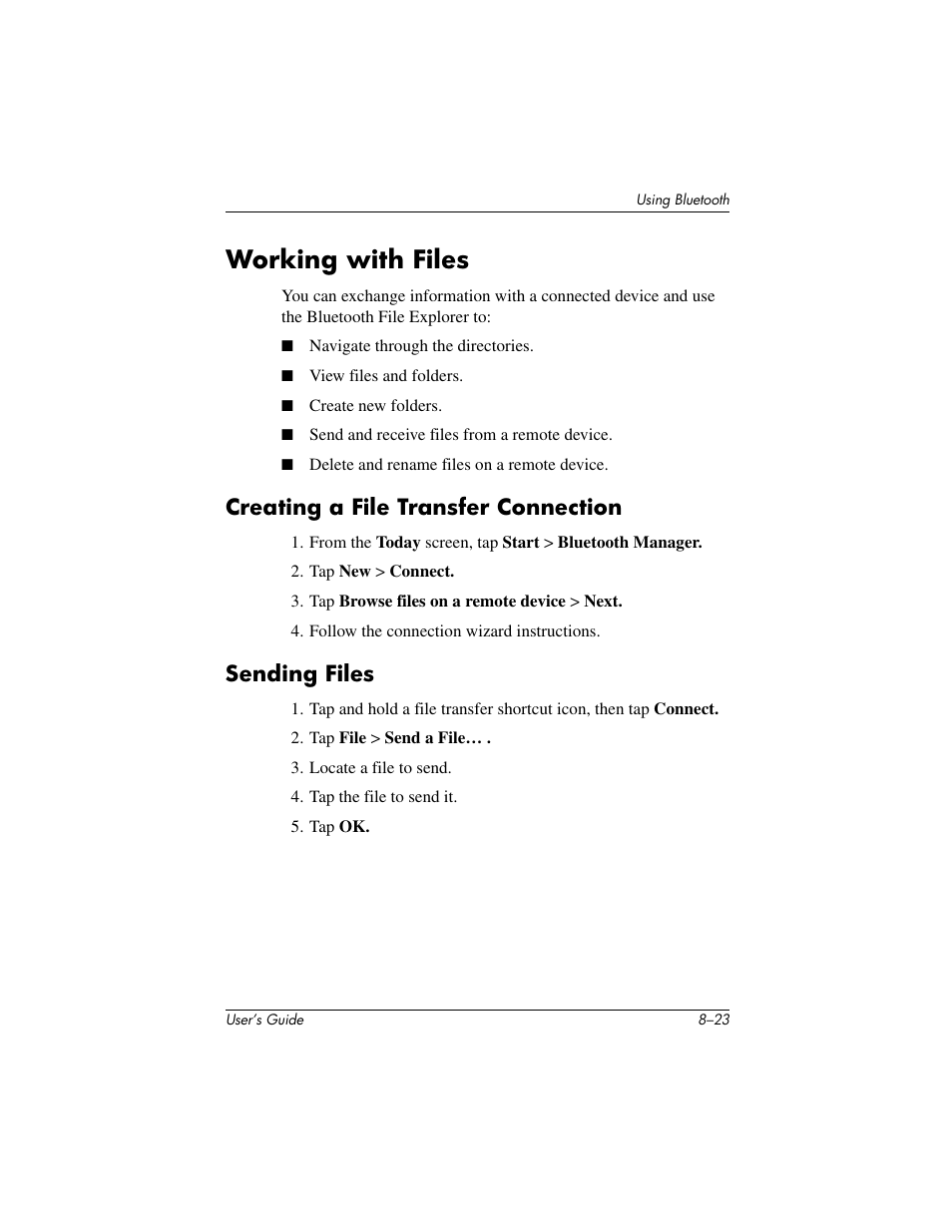 Working with files, Creating a file transfer connection, Sending files | HP IPAQ H5500 User Manual | Page 103 / 169