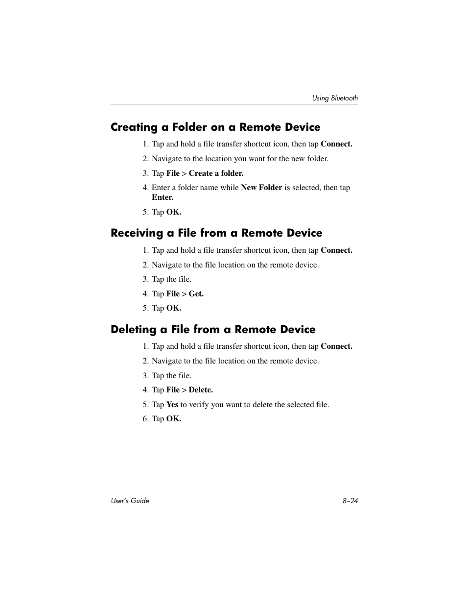 Creating a folder on a remote device, Receiving a file from a remote device, Deleting a file from a remote device | HP IPAQ H5500 User Manual | Page 104 / 169