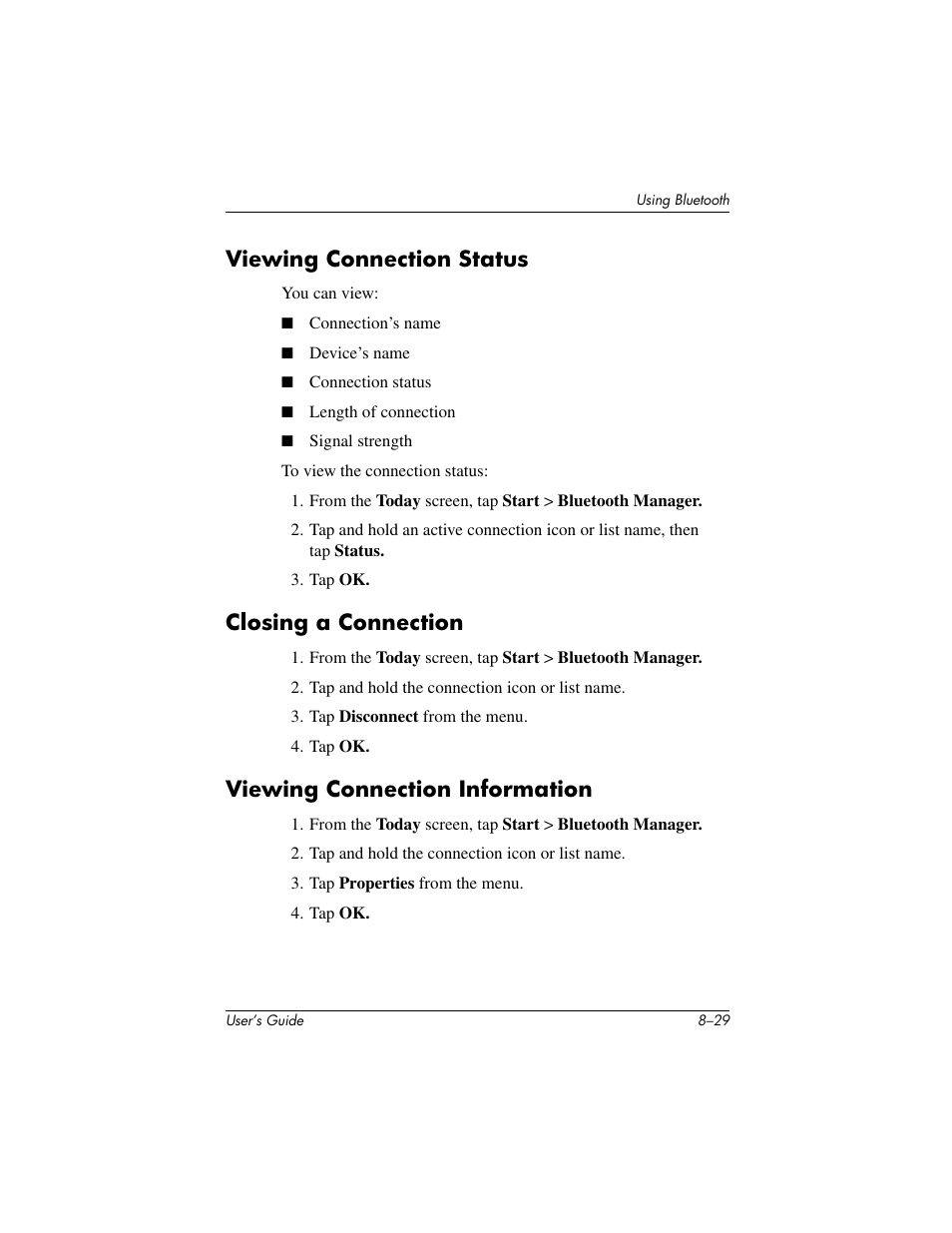 Viewing connection status, Closing a connection, Viewing connection information | HP IPAQ H5500 User Manual | Page 109 / 169
