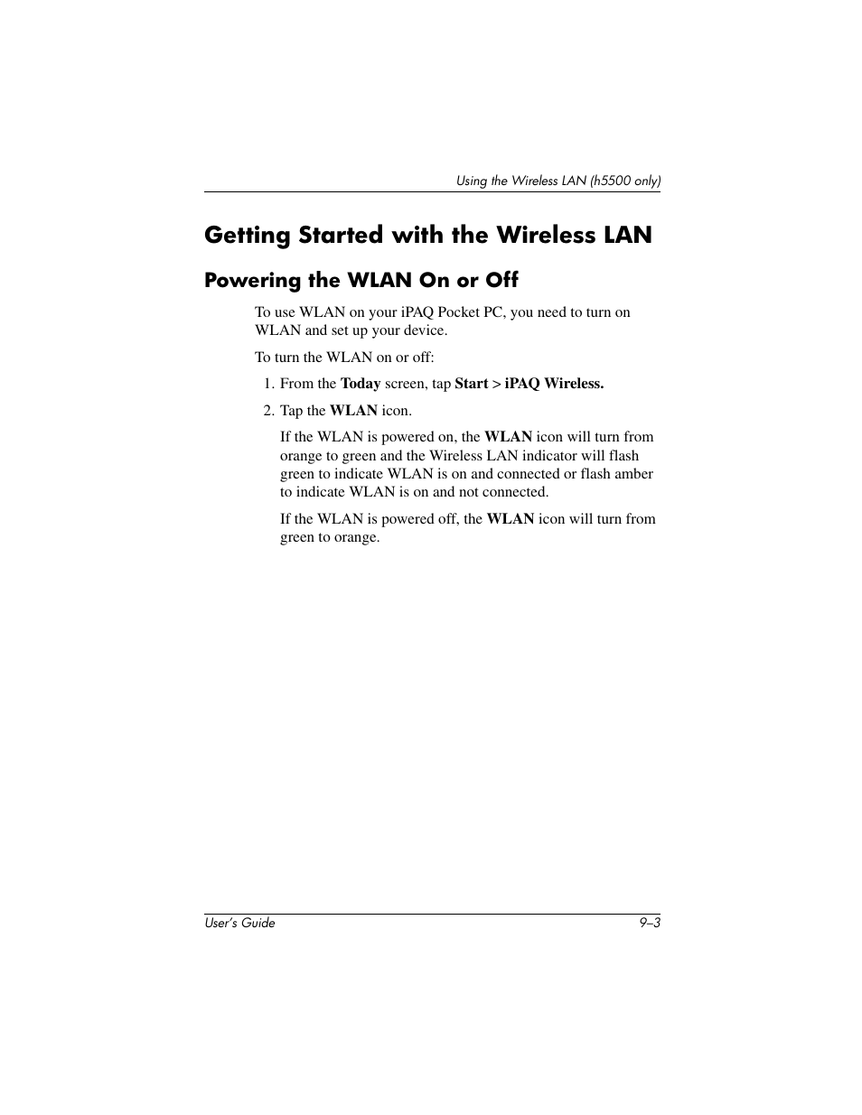 Getting started with the wireless lan, Powering the wlan on or off | HP IPAQ H5500 User Manual | Page 113 / 169