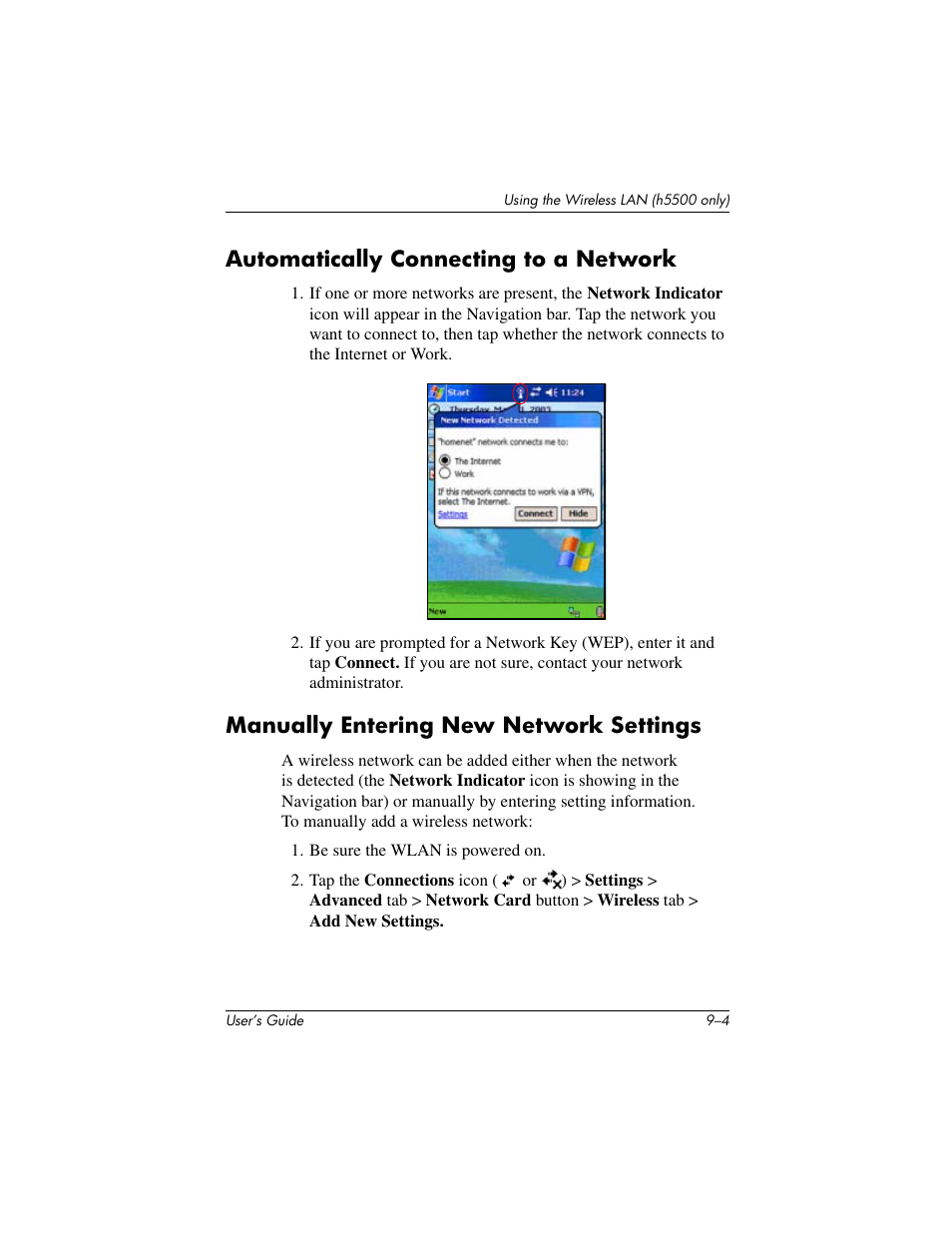 Automatically connecting to a network, Manually entering new network settings | HP IPAQ H5500 User Manual | Page 114 / 169