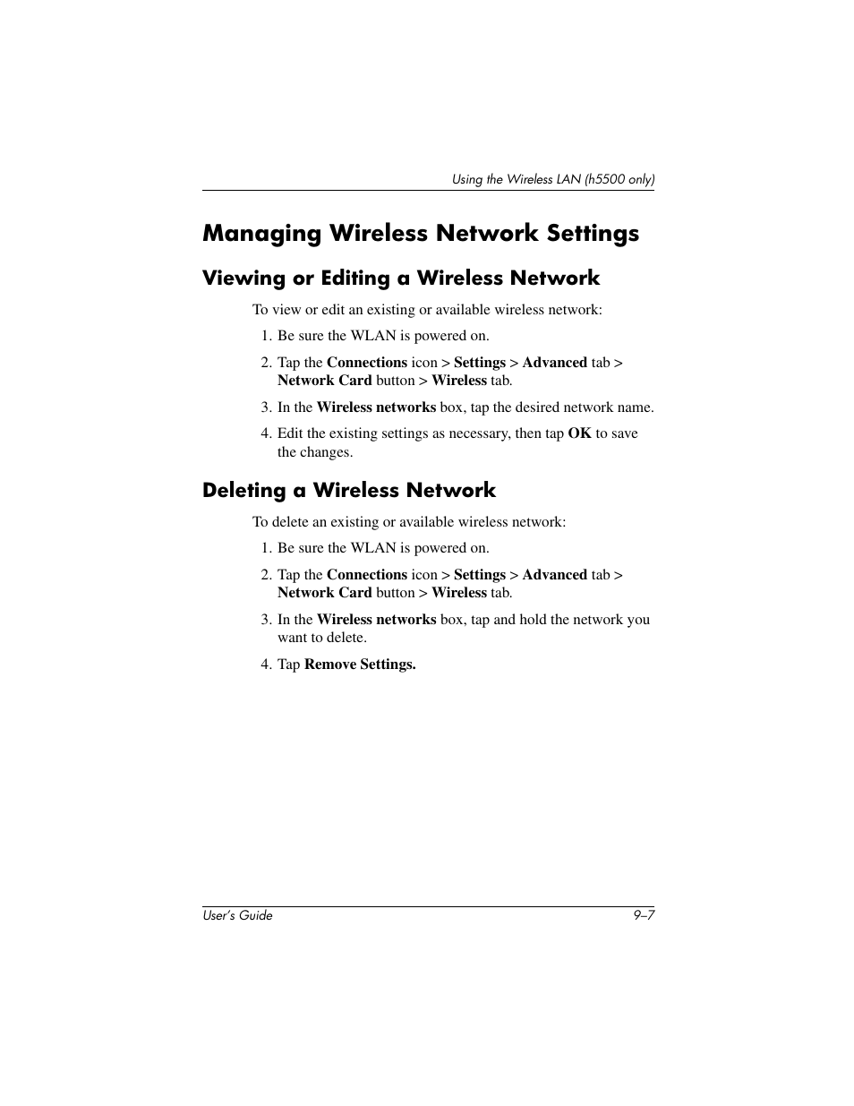 Managing wireless network settings, Viewing or editing a wireless network, Deleting a wireless network | HP IPAQ H5500 User Manual | Page 117 / 169