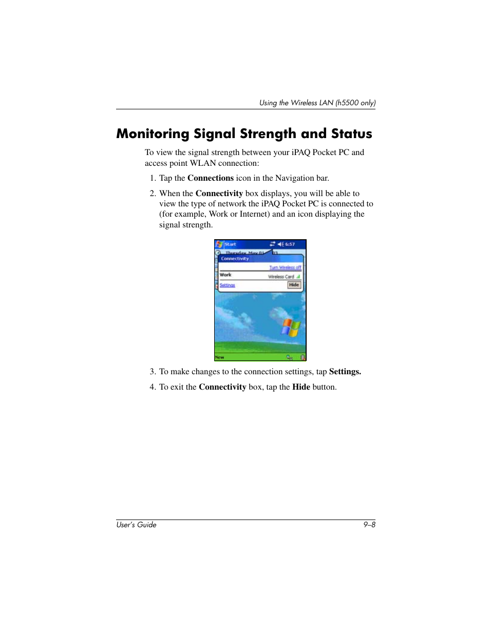 Monitoring signal strength and status | HP IPAQ H5500 User Manual | Page 118 / 169