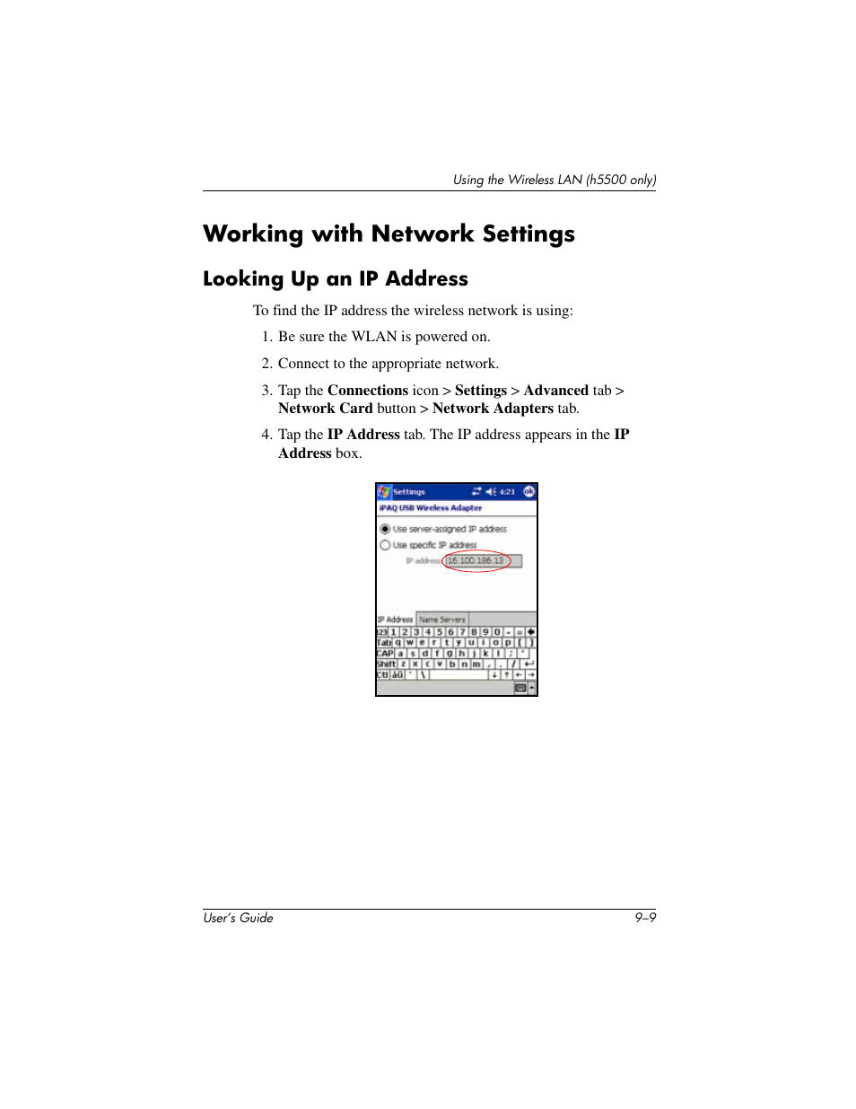 Working with network settings, Looking up an ip address | HP IPAQ H5500 User Manual | Page 119 / 169