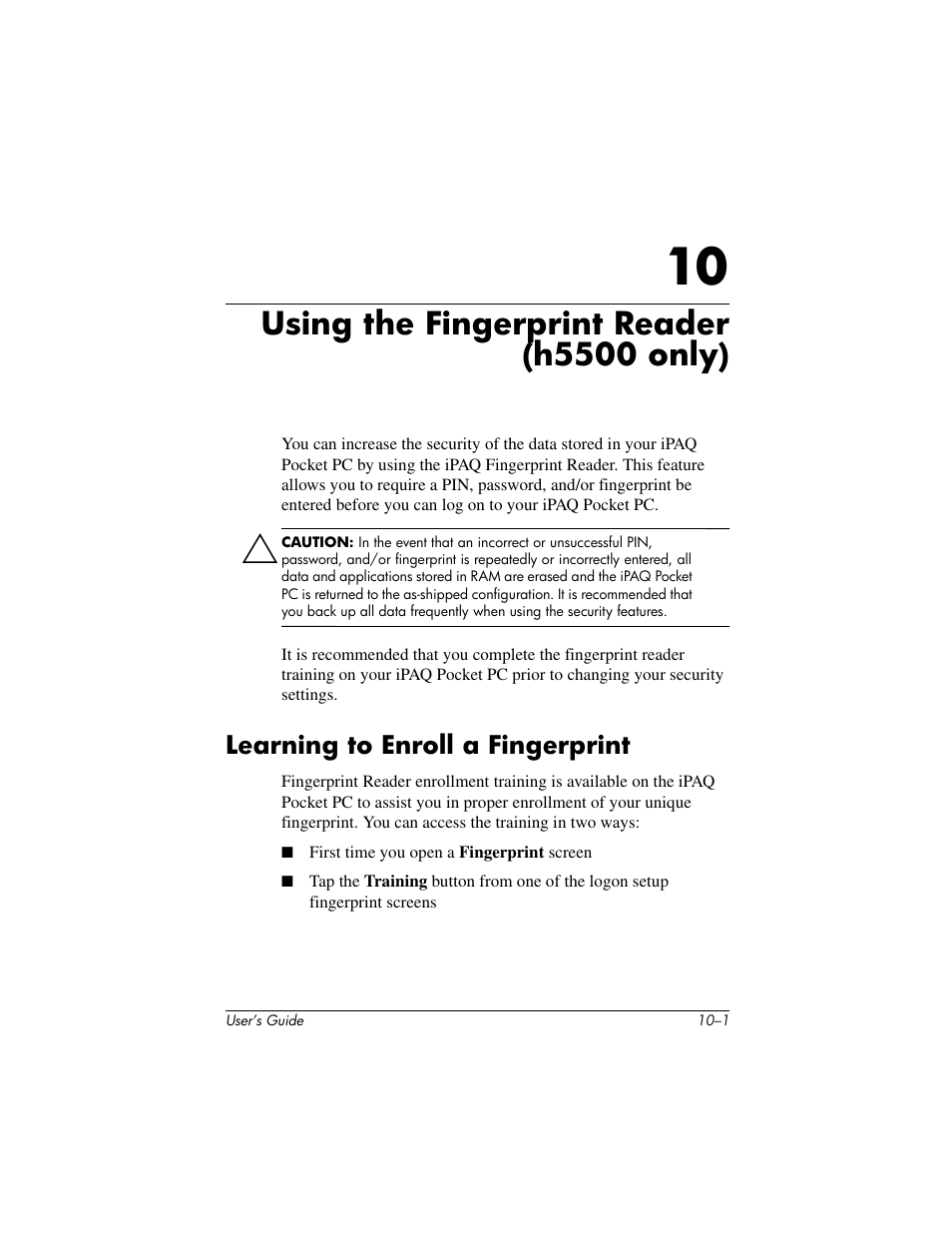 Using the fingerprint reader (h5500 only) | HP IPAQ H5500 User Manual | Page 128 / 169