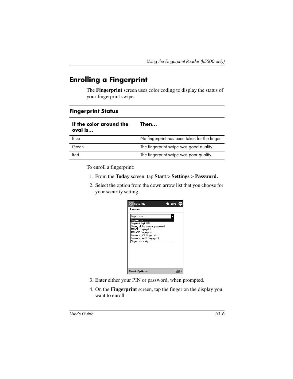 Enrolling a fingerprint | HP IPAQ H5500 User Manual | Page 133 / 169