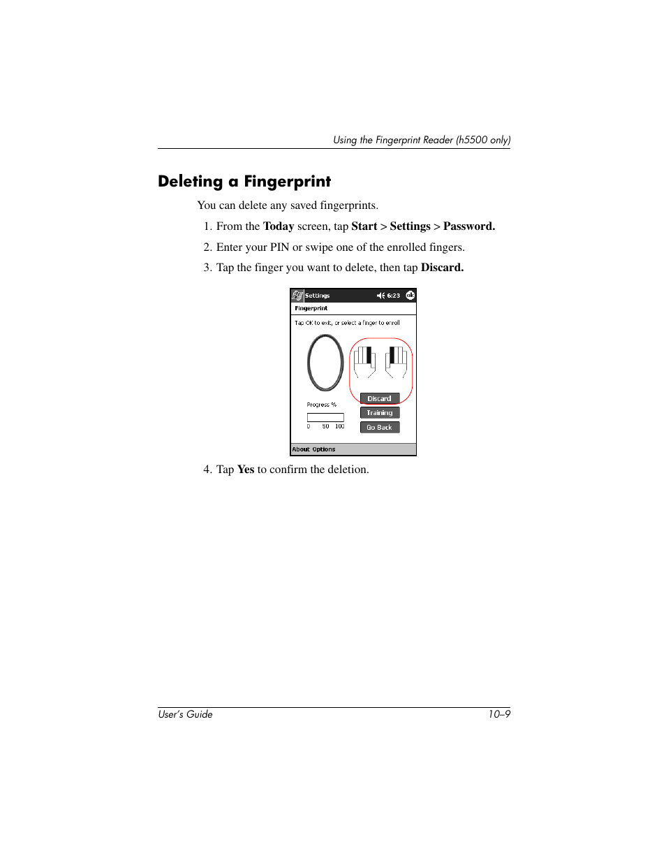 Deleting a fingerprint | HP IPAQ H5500 User Manual | Page 136 / 169