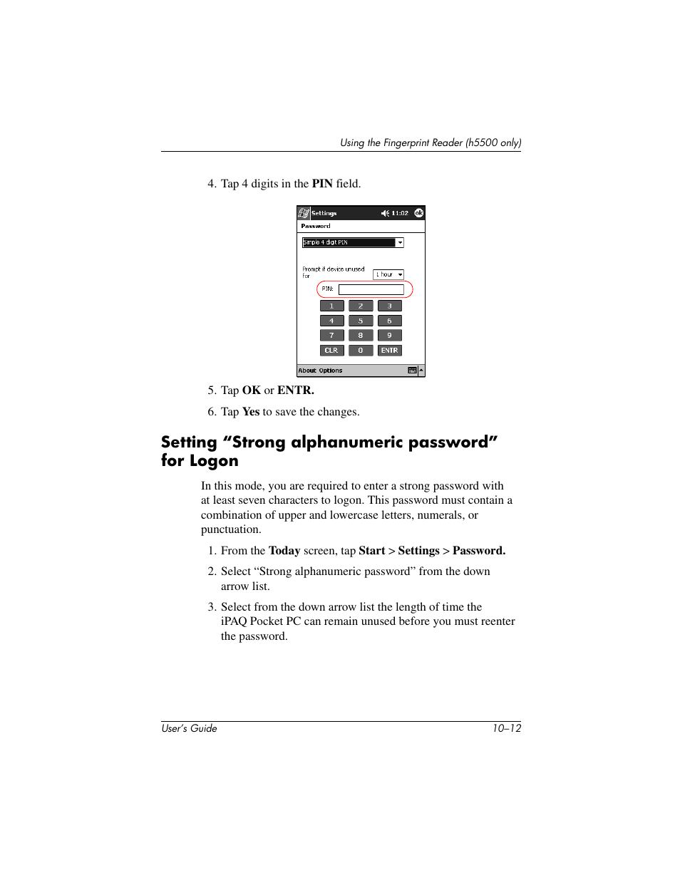 Setting “strong alphanumeric password” for logon | HP IPAQ H5500 User Manual | Page 139 / 169
