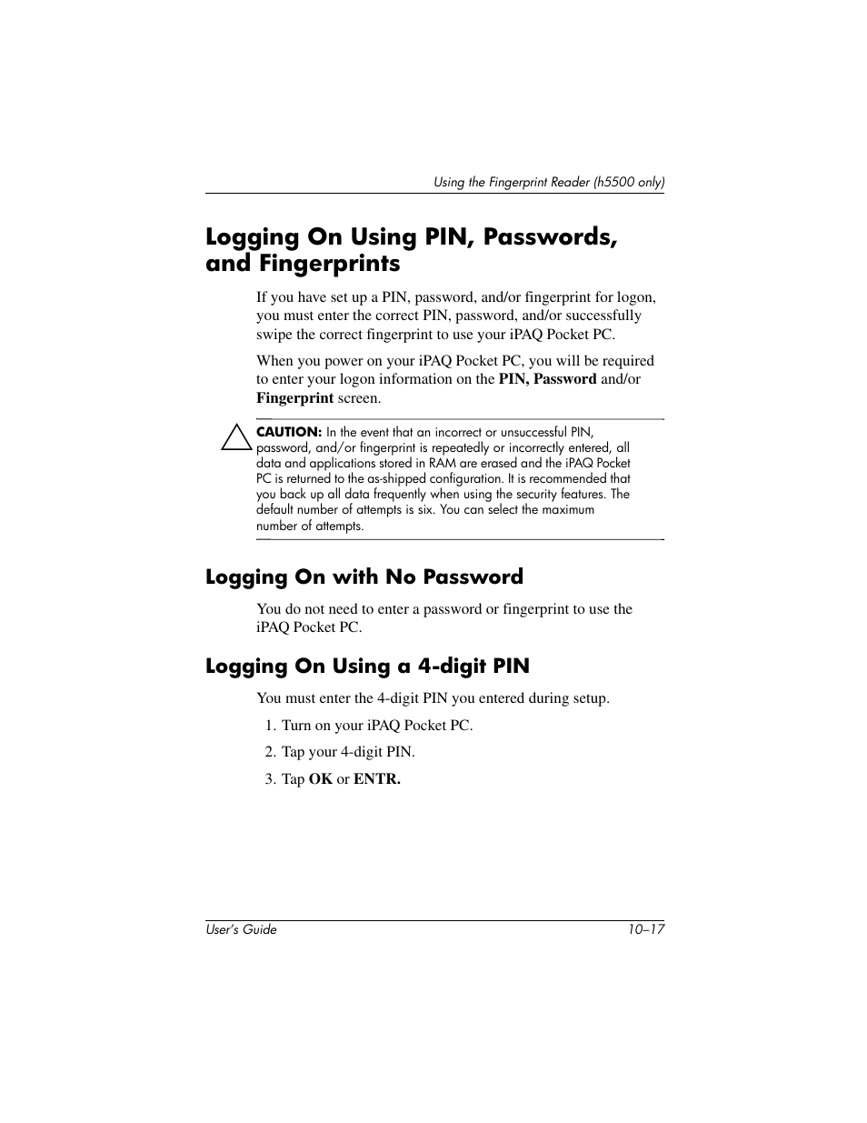 Logging on using pin, passwords, and fingerprints | HP IPAQ H5500 User Manual | Page 144 / 169