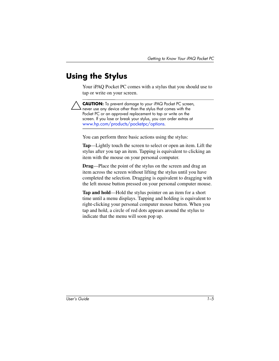 Using the stylus | HP IPAQ H5500 User Manual | Page 15 / 169