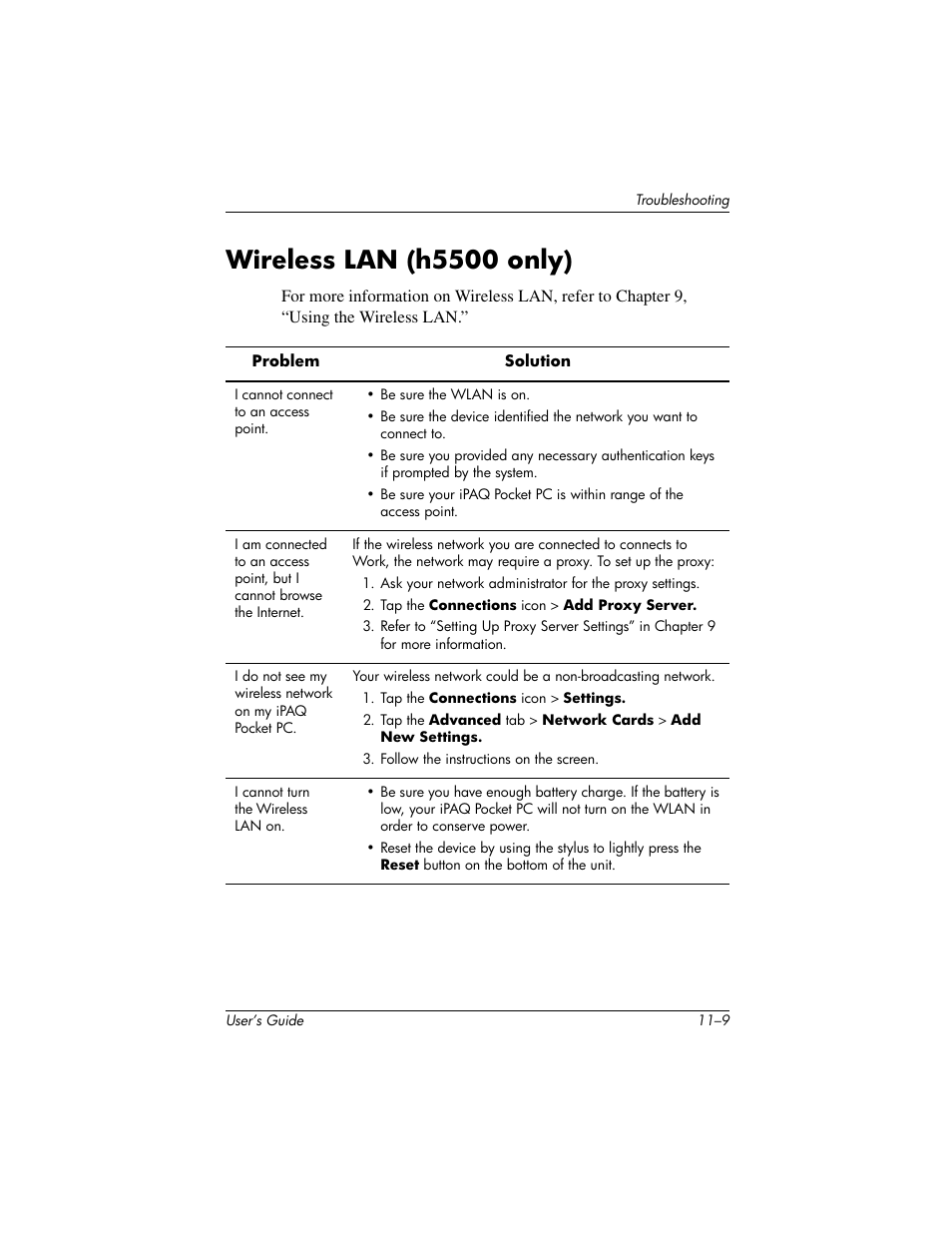 Wireless lan (h5500 only) | HP IPAQ H5500 User Manual | Page 159 / 169