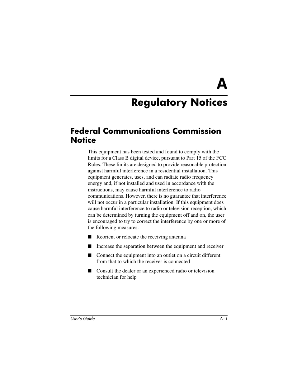 Regulatory notices, Federal communications commission notice | HP IPAQ H5500 User Manual | Page 160 / 169