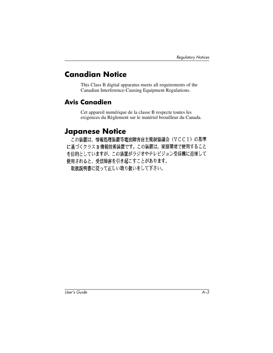Canadian notice, Japanese notice | HP IPAQ H5500 User Manual | Page 162 / 169