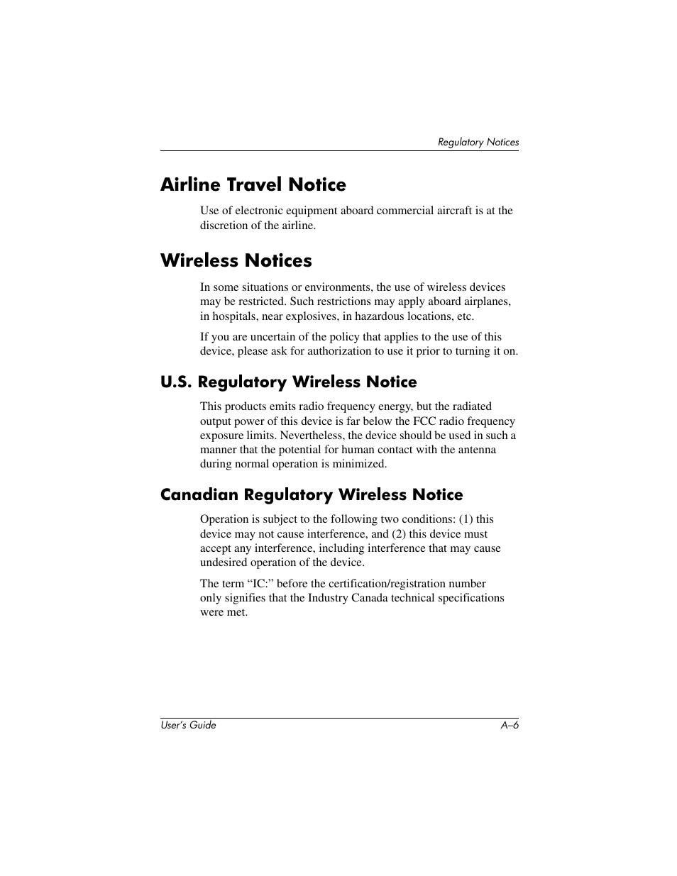 Airline travel notice, Wireless notices | HP IPAQ H5500 User Manual | Page 165 / 169